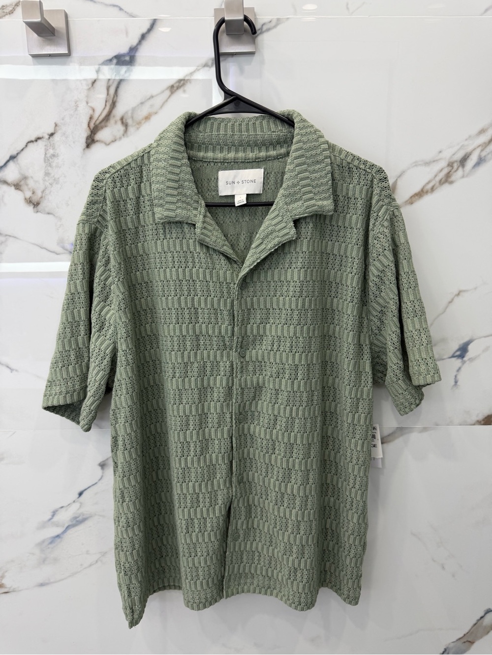 Sun + Stone Light Sage Open-Weave Knit Polo